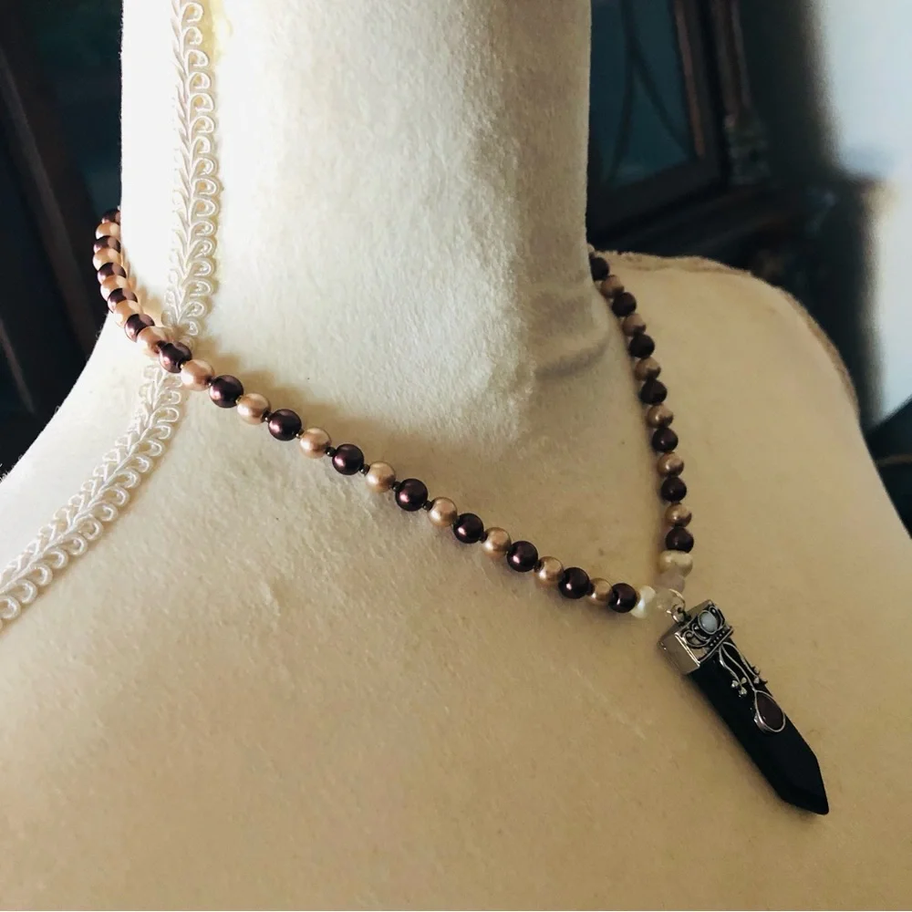 Handcrafted repurpose Tiger eye stone pendant Czech glass Pearl necklace